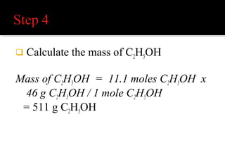  Iron is produced in a blast furnace by heating hematite
(Fe3O4­) with carbon monoxide. How many liters of CO2
measured at STP are needed to produce 5000 g of Fe
(molar mass = 56 g/mol)?
Fe3O4 + 4CO ­> 3Fe + 4CO2
5000 g Fe x 1mol Fe x 4 mol CO2 x 22.4 L CO2
56 g Fe 3 mol Fe 1 mol CO2
= 112,000 liters at STP
 