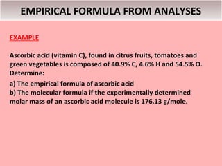 EMPIRICAL FORMULA FROM ANALYSES

EXAMPLE

Ascorbic acid (vitamin C), found in citrus fruits, tomatoes and
green vegetables is composed of 40.9% C, 4.6% H and 54.5% O.
Determine:
a) The empirical formula of ascorbic acid
b) The molecular formula if the experimentally determined
molar mass of an ascorbic acid molecule is 176.13 g/mole.
 