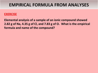 EMPIRICAL FORMULA FROM ANALYSES
EXERCISE
Elemental analysis of a sample of an ionic compound showed
2.82 g of Na, 4.35 g of Cl, and 7.83 g of O. What is the empirical
formula and name of the compound?
 