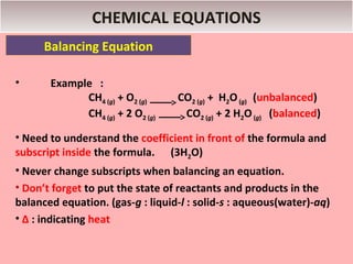 CHEMICAL EQUATIONS
      Balancing Equation

•      Example :
             CH4 (g) + O2 (g)     CO2 (g) + H2O (g) (unbalanced)
             CH4 (g) + 2 O2 (g)    CO2 (g) + 2 H2O (g) (balanced)

• Need to understand the coefficient in front of the formula and
subscript inside the formula. (3H2O)
• Never change subscripts when balancing an equation.
• Don’t forget to put the state of reactants and products in the
balanced equation. (gas-g : liquid-l : solid-s : aqueous(water)-aq)
• Δ : indicating heat
 
