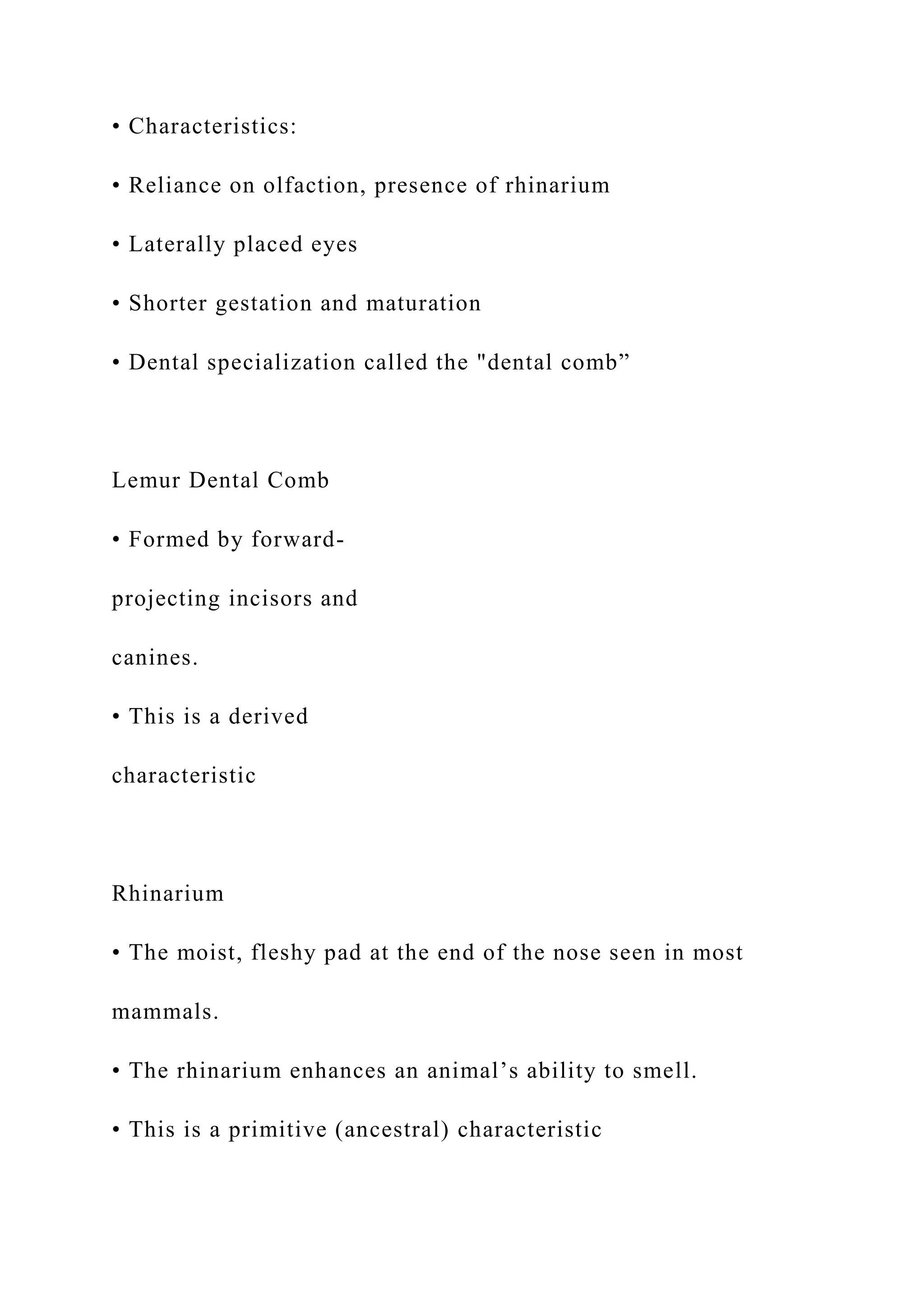 • Characteristics:
• Reliance on olfaction, presence of rhinarium
• Laterally placed eyes
• Shorter gestation and maturation
• Dental specialization called the "dental comb”
Lemur Dental Comb
• Formed by forward-
projecting incisors and
canines.
• This is a derived
characteristic
Rhinarium
• The moist, fleshy pad at the end of the nose seen in most
mammals.
• The rhinarium enhances an animal’s ability to smell.
• This is a primitive (ancestral) characteristic
 