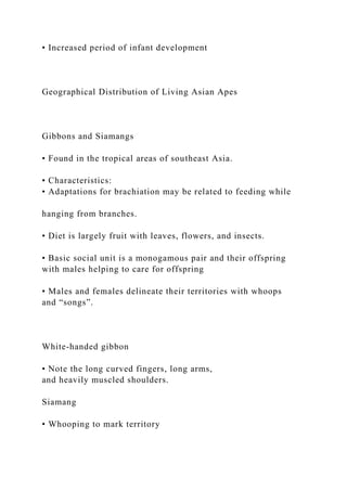 • Increased period of infant development
Geographical Distribution of Living Asian Apes
Gibbons and Siamangs
• Found in the tropical areas of southeast Asia.
• Characteristics:
• Adaptations for brachiation may be related to feeding while
hanging from branches.
• Diet is largely fruit with leaves, flowers, and insects.
• Basic social unit is a monogamous pair and their offspring
with males helping to care for offspring
• Males and females delineate their territories with whoops
and “songs”.
White-handed gibbon
• Note the long curved fingers, long arms,
and heavily muscled shoulders.
Siamang
• Whooping to mark territory
 