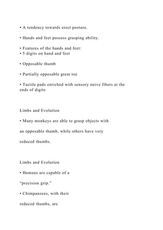 • A tendency towards erect posture.
• Hands and feet possess grasping ability.
• Features of the hands and feet:
• 5 digits on hand and feet
• Opposable thumb
• Partially opposable great toe
• Tactile pads enriched with sensory nerve fibers at the
ends of digits
Limbs and Evolution
• Many monkeys are able to grasp objects with
an opposable thumb, while others have very
reduced thumbs.
Limbs and Evolution
• Humans are capable of a
“precision grip.”
• Chimpanzees, with their
reduced thumbs, are
 