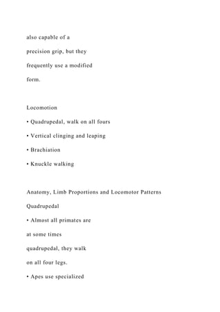 also capable of a
precision grip, but they
frequently use a modified
form.
Locomotion
• Quadrupedal, walk on all fours
• Vertical clinging and leaping
• Brachiation
• Knuckle walking
Anatomy, Limb Proportions and Locomotor Patterns
Quadrupedal
• Almost all primates are
at some times
quadrupedal, they walk
on all four legs.
• Apes use specialized
 