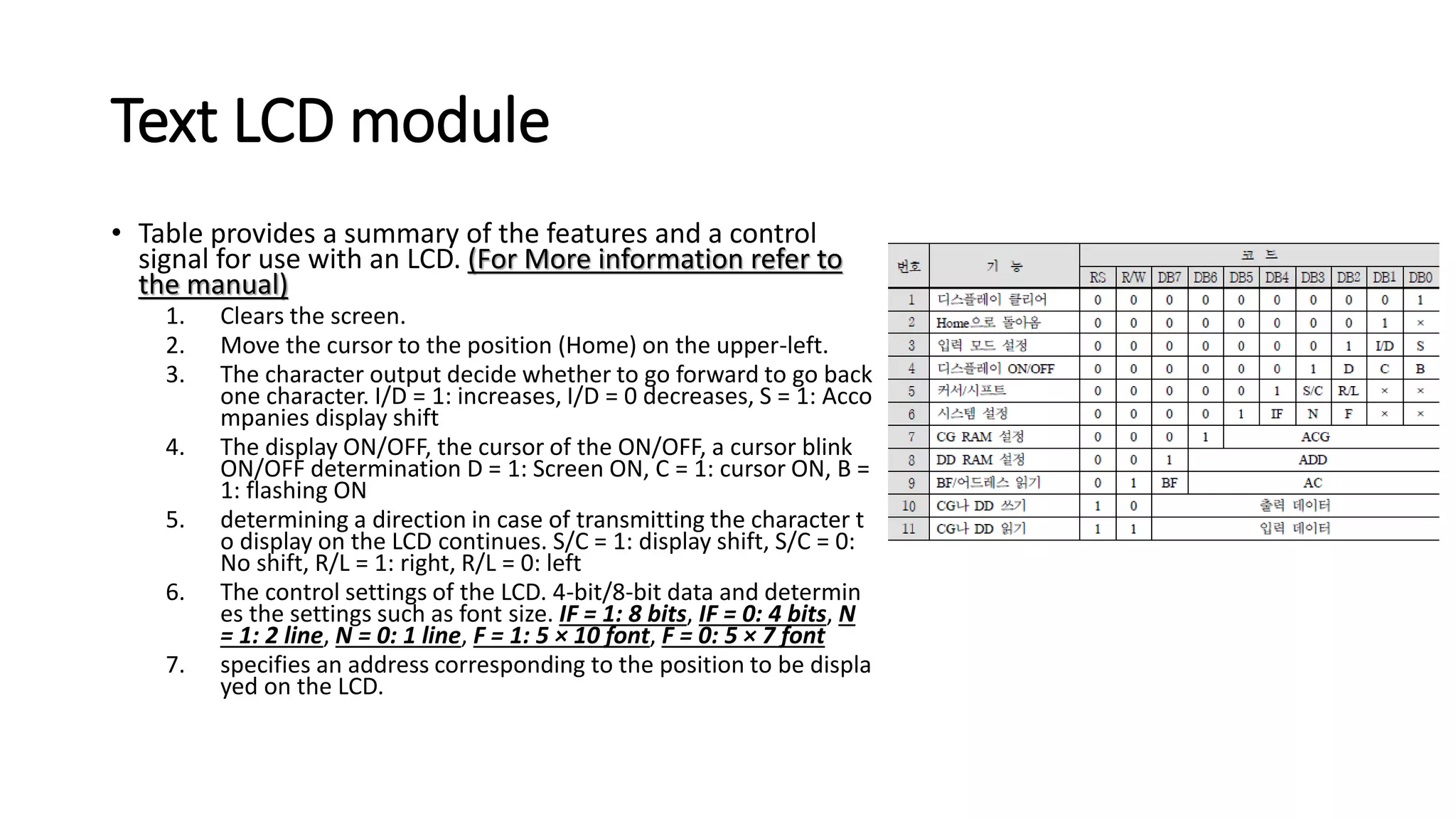 Text LCD module
• Table provides a summary of the features and a control
signal for use with an LCD. (For More information refer to
the manual)
1. Clears the screen.
2. Move the cursor to the position (Home) on the upper-left.
3. The character output decide whether to go forward to go back
one character. I/D = 1: increases, I/D = 0 decreases, S = 1: Acco
mpanies display shift
4. The display ON/OFF, the cursor of the ON/OFF, a cursor blink
ON/OFF determination D = 1: Screen ON, C = 1: cursor ON, B =
1: flashing ON
5. determining a direction in case of transmitting the character t
o display on the LCD continues. S/C = 1: display shift, S/C = 0:
No shift, R/L = 1: right, R/L = 0: left
6. The control settings of the LCD. 4-bit/8-bit data and determin
es the settings such as font size. IF = 1: 8 bits, IF = 0: 4 bits, N
= 1: 2 line, N = 0: 1 line, F = 1: 5 × 10 font, F = 0: 5 × 7 font
7. specifies an address corresponding to the position to be displa
yed on the LCD.
 
