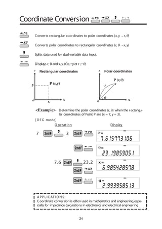 24
Coordinate Conversion
Rectangular coordinates
P (x,y)
y
xo
y
x
y
P (r,θ)
xo
r
Polar coordinates
θ
Converts rectangular coordinates to polar coordinates (x, y r, θ)
Converts polar coordinates to rectangular coordinates (r, θ x, y)
Splits data used for dual-variable data input.
Displays r, θ and x, y. (Cx y or r θ)
←
←
←←
<Example> Determine the polar coordinates (r, θ) when the rectangu-
lar coordinates of Point P are (x = 7, y = 3).
[ DEG mode]
A PPLIC AT IO N S:
Coordinate conversion is often used in mathematics and engineering, espe-
cially for impedance calculations in electronics and electrical engineering.
7 3
7.6 23.2
O peration Display
DEG
DEG
DEG
DEG
←←
 
