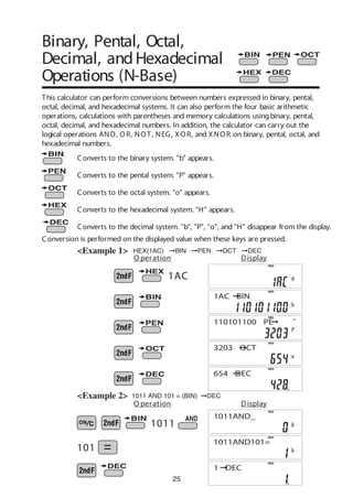 25
Binary, Pental, Octal,
Decimal, andHexadecimal
Operations (N-Base)
This calculator can perform conversions between numbers expressed in binary, pental,
octal, decimal, and hexadecimal systems. It can also perform the four basic arithmetic
operations, calculations with parentheses and memory calculations usingbinary, pental,
octal, decimal, and hexadecimal numbers. In addition, the calculator can carry out the
logical operations AND, OR, NOT, NEG, XOR, and XNOR on binary, pental, octal, and
hexadecimal numbers.
Converts to the binary system. "b" appears.
Converts to the pental system. "P" appears.
Converts to the octal system. "o" appears.
Converts to the hexadecimal system. "H" appears.
Converts to the decimal system. "b", "P", "o", and "H" disappear from the display.
Conversion is performed on the displayed value when these keys are pressed.
<Example 1>
O peration Display
HEX(1AC) ©BIN ©PEN ©OCT ©DEC
1011 AND 101 = (BIN) ©DEC<Example 2>
DEG
3203©OCT
DEG
654©DEC
DEG
DEG
1011AND_
DEG
1011AND101=
DEG
1©DEC
1AC
1011
101
O peration Display
DEG
110101100©PE
DEG
1AC©BIN
 