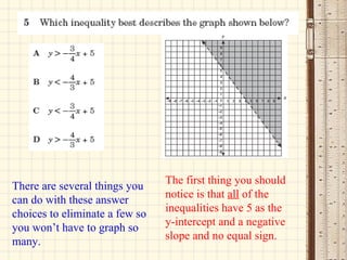 There are several things you can do with these answer choices to eliminate a few so you won’t have to graph so many. The first thing you should notice is that  all  of the inequalities have 5 as the y-intercept and a negative slope and no equal sign. 