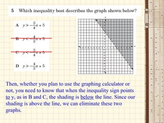 Then, whether you plan to use the graphing calculator or not, you need to know that when the inequality sign points  to  y, as in B and C, the shading is  below  the line. Since our shading is above the line, we can eliminate these two graphs. 