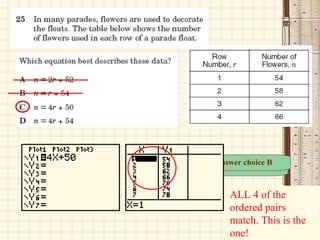 Not answer choice A Not answer choice B ALL 4 of the ordered pairs match. This is the one! 