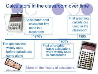 Calculators in the classroom over time First affordable basic calculators were widely used in classrooms First graphing calculators used in the classroom Basic hand-held calculator first used in a classroom 1970’s 1980’s 1985 The abacus was widely used before calculators came along More on the history of calculators 
