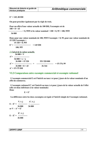 Résumé de théorie et guide de 
travaux pratiques Arithmétique commerciale 
E’ = 145, 00 DH 
On peut procéder également par la règle de trois. 
Pour un effet d’une valeur actuelle de 100 DH, l’escompte est de 
100 × 8 × 43 
= 0, 9555 et la valeur nominal = 100 + 0, 95 = 100, 9555 
36 000 
Donc pour une valeur nominale de 100, 9555 l’escompte = 0, 95. pour une valeur nominale de 
15 320 l’escompte = 
15 320 × 0, 955 
E’ = = 145 DH 
100, 955 
2 . Calcul de la valeur actuelle . 
36 000 × V 
A’= 
36 000 + t. + j 
36 000 × 15 320 551 520 000 
A’ = = = 15 174, 99 
36 000 + 8 × 43 36 344 
A’ = 15 175 DH 
VI.2 Comparaison entre escompte commercial et escompte rationnel 
L’escompte commercial E est l’intérêt au taux t et pour j jours de la valeur nominale d’un 
effet de commerce. 
L’escompte rationnel E’ est l’intérêt au taux t et pour j jours de la valeur actuelle de l’effet 
(elle est donc inférieure à la valeur nominale) 
Donc 
E > E’ 
La différence entre les deux escomptes est égale à l’intérêt simple de l’escompte rationnel. 
V. t. j A’. t. j 
E – E’ = - 
36 000 36 000 
or V – A’ = E’ 
E’. t. j 
E – E’ = 
36 000 
OFPPT/ DRIF 42 
 
