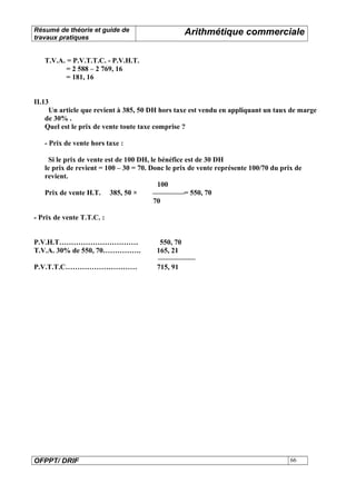 Résumé de théorie et guide de 
travaux pratiques Arithmétique commerciale 
T.V.A. = P.V.T.T.C. - P.V.H.T. 
= 2 588 – 2 769, 16 
= 181, 16 
II.13 
Un article que revient à 385, 50 DH hors taxe est vendu en appliquant un taux de marge 
de 30% . 
Quel est le prix de vente toute taxe comprise ? 
- Prix de vente hors taxe : 
Si le prix de vente est de 100 DH, le bénéfice est de 30 DH 
le prix de revient = 100 – 30 = 70. Donc le prix de vente représente 100/70 du prix de 
revient. 
100 
Prix de vente H.T. 385, 50 × = 550, 70 
70 
- Prix de vente T.T.C. : 
P.V.H.T…………………………… 550, 70 
T.V.A. 30% de 550, 70……………. 165, 21 
P.V.T.T.C………………………… 715, 91 
OFPPT/ DRIF 66 
 