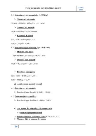Note de calcul des ouvrages dalots            Année
                                                                 2011

b.1) Sous charges permanents (g= 3,902 t/ml)

       Moments à mi-travée

M(A-B) = M(B-C) = 0,07xgxl² = 1,181 t.m/ml

       Moment sur appui B

M(B) = -0,125xgxl² =- 2,431 t.m/ml

       Reactions d’appuis

R(A) =R(C) =0,375xgxl =3,242 t

R(B)= 1,25xgxl = 10,806 t

b.2) Sous surcharges routières (q = 1,925 t/ml)

       Moments à mi-travée

 M(A-B) =M(B-C) = 0,10xqxl² = 0,975 t.m/ml

       Moment sur appui B

M(B) = - 0,125xqxl² = -1,218 t.m/ml



       Reactions aux appuis

R(A) =R(C) = 0,437 xqxl = 1,893 t

R(B) = 0,625xqx l = 2,707 t

   c) Au niveau du piédroit central

c.1) Sous charges permanents

       Réaction d’appui du radier N =R(B) = 10,806 t

c.2) Sous surcharges routières

       Réaction d’appui du tablier N = R(B) = 7,692 t



   d) Au niveau des piédroits extérieures A et c

       d.1) sous charges permanentes

       l’effort normal ou réaction du radier N =R(A) = 3,242 t
       Moment dû à la poussée des terres


    26
 
