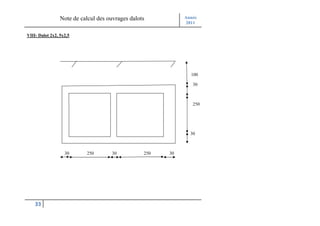 Note de calcul des ouvrages dalots          Année
                                                              2011

VIII- Dalot 2x2, 5x2,5




                                                               100

                                                                30



                                                                250




                                                               30



                   30      250        30          250   30




    33
 