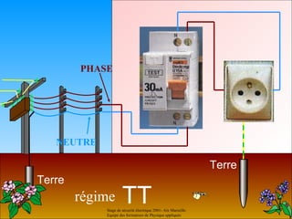 PHASE




   NEUTRE

                                                                Terre
Terre
        régime       TT
            Stage de sécurité électrique 2001- Aix Marseille.
            Equipe des formateurs de Physique appliquée
 
