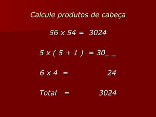 Calcule produtos de cabeça 56 x 54 =  3024 5 x ( 5 + 1 )  = 30_ _ 6 x 4  =  24 Total  =  3024 