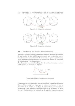 110   CAP´
         ITULO 2. FUNCIONES DE VARIAS VARIABLES: L´
                                                  IMITES

                                  g                   f

                                        ‚                       ‚
               u
                   •                       •                        •z
                                          x
                                                                B
             Rm                             Rn                       R

                                        f ◦g
                        Figura 2.14: Composici´n de funciones
                                              o


                                  g                   f

                                        ‚                       ‚
                   Dg                     Df
                                                                B
             Rm                             Rn                       R

                                        f ◦g
                        Figura 2.15: Composici´n de funciones
                                              o




2.1.5.   Gr´ﬁca de una funci´n de dos variables
           a                o
Igual que ocurre con las funciones de una variable, el dibujo de la gr´ﬁca
                                                                      a
de una funci´n de dos variables puede resultar muy esclarecedor para el
             o
conocimiento del comportamiento de la funci´n, ya que nos permite visu-
                                             o
alizar, mediante im´genes gr´ﬁcas, sus propiedades abstractas, con objeto
                    a         a
de comprenderlas y recordarlas mejor.
Funciones de una variable. La gr´ﬁca de una funci´n de una variable,
                                       a               o
por lo general, es una curva en el plano.
                              y
                                  T
                                      • (x, y)     y = f (x)

                                                     x
                                                     E


              Figura 2.16: Gr´ﬁca de una funci´n de una variable.
                             a                o



Un punto (x, y) del plano para estar situado en la gr´ﬁca ha de cumplir
                                                         a
dos condiciones: en primer lugar, que su primera coordenada, x, est´ en e
el dominio de la funci´n, x ∈ Df ; y en segundo lugar, que su segunda
                       o
coordenada, y, sea la imagen, mediante la funci´n de la primera, es decir,
                                                  o
y = f (x). En base a esto, los puntos (x, y) de la gr´ﬁca se pueden expresar
                                                     a
 