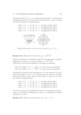 2.1. FUNCIONES DE VARIAS VARIABLES                                                115

resulta la ecuaci´n x2 + y 2 = z, en donde, para cada valor de z tenemos una
                 o
                         √
circunferencia de radio z. Podemos dar varios valores a z para ir viendo
las curvas de contorno a distintas alturas:

       -   nivel   z   =0   −→   x2 + y 2   =0   −→   se reduce al punto (0, 0)
       -   nivel   z   =1   −→   x2 + y 2   =1   −→   circunferencia de radio 1
       -   nivel   z   =4   −→   x2 + y 2   =4   −→   circunferencia de radio 2
       -   nivel   z   =9   −→   x2 + y 2   =9   −→   circunferencia de radio 3




       Figura 2.26: Gr´ﬁca y curvas de nivel de la funci´n f (x, y) = x2 + y2
                      a                                 o




Ejemplo 2.14. Representa la funci´n: f (x, y) =
                                 o                            x2 + y 2

Soluci´n. El dominio de la funci´n es todo R2 . Para representar la funci´n
      o                           o                                      o
sustituimos f (x, y) por z, con lo que tenemos: z = x 2 + y2.

Veamos los cortes de dicha superﬁcie con los planos coordenados:

  - corte con el plano x = 0 z = √ y 2 =| y | que es una recta quebrada
  - corte con el plano y = 0 z = x2 =| x | que es otra recta quebrada.

Para hallar las curvas de nivel suponemos que z es una constante con lo que
resulta la ecuaci´n x2 + y 2 = z 2 , en donde, para cada valor de z tenemos
                 o
una circunferencia de radio z Damos varios valores a z para ver las curvas
de contorno a distintas alturas:

       -   nivel   z   =0   −→   x2 + y 2   =0   −→   se reduce al punto(0, 0)
       -   nivel   z   =1   −→   x2 + y 2   =1   −→   circunferencia de radio 1
       -   nivel   z   =2   −→   x2 + y 2   =4   −→   circunferencia de radio 2
       -   nivel   z   =3   −→   x2 + y 2   =9   −→   circunferencia de radio 3

Las curvas de nivel son circunferencias como en el caso anterior, pero los
cortes con los planos coordenados son rectas y no par´bolas. La gr´ﬁca
                                                       a             a
resultante es un cono.

Ejemplo 2.15. Representa la funci´n: f (x, y) = 25 − x2 − y 2
                                 o
 