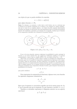 34                                          CAP´                   ´
                                               ITULO 1. CONCEPTOS BASICOS

con objeto de que se pueda establecer la conexi´n
                                               o

                               x −→ f (x) −→ g f (x)

para alg´n elemento x ∈ Df .
        u
Nota: No obstante, en ocasiones, y sobre todo a nivel te´rico, nos va a interesar que
                                                              o
el dominio de la funci´n compuesta no se reduzca a un conjunto de ((puntos aislados)),
                      o
sino que se trate de un ((conjunto abierto)), con objeto de poder asegurar determinados
teoremas, por ejemplo, de derivaci´n. En el caso particular de que el recorrido de la primera
                                  o
funci´n est´ totalmente contenido en el dominio de la segunda, resultar´ que el dominio
     o     e                                                                a
de la composici´n coincidir´ con el dominio de la primera funci´n.
                o          a                                     o


                                  f                                g

                                             ‚                               ‚
                     Df                           Dg
                                                                             B
                 A                                 B                             C

                                               g◦f
                                          ¡
                          Figura 1.15: f D ⊆ D                 ⇔ Dg◦f = Df
                                              f            g




     Si no se da esta situaci´n, entonces exigiremos la posibilidad de poder restringir la
                             o
                                               ¡
                                    ∗
funci´n f a un nuevo dominio Df , que cumpla las condiciones exigidas en el teorema
      o
                                               ∗                                    ∗
correpondiente, y para el que se cumpla f Df ⊆ Dg , con objeto de que Dg◦f = Df .
     Ahora bien, en la pr´ctica, cuando vamos a resolver un problema de composici´n de
                          a                                                          o
funciones, para ver si es posible la composici´n, simplemente nos ﬁjaremos en los conjun-
                                              o
tos inicial y ﬁnal de cada funci´n, sin hacer referencia a los dominios. En consecuencia,
                                 o
bastar´ observar si el conjunto ﬁnal de la primera funci´n coincide (o se puede hacer coin-
        a                                               o
cidir, de alguna manera) con el conjunto inicial de la segunda, y posteriormente haremos
referencia al dominio de la composici´n obtenida. Es decir, para componer buscaremos la
                                       o
posibilidad de la situaci´n:
                         o
                                        f              g
                                      A −→ B       B −→ C
para poder establecer:
                                             g◦f
                                            A −→ C
    Para representar la composici´n de funciones, algunas veces, son c´modos
                                 o                                    o
los siguientes diagramas conmutativos:
                                               f
                                       A −−→ B
                                         −−
                                         h             g
                                               C
Decir que el esquema es conmutativo signiﬁca que da lo mismo pasar de A a
C por la derecha que por la izquierda. Lo que equivale a escribir: h = g ◦ f .
   Tambi´n es costumbre representar el diagrama anterior con un aspecto
          e
m´s lineal
 a
                                  f     g
                              A− B− C
                                  →     →
 