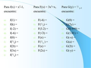 Para f(x) = x2-1,
encuentre:
a) f(1) =
b) f(k) =
c) f(-2) =
d) f(-6) =
e) f(0) =
f) f(1/2) =
g) f(2t) =
h) f(3x) =
i) f(1/x) =
Para F(x) = 3x3+x,
encuentre:
a) F(-6) =
b) F(1/2) =
c) F(3.2) =
d) F(3) =
e) F() =
f) F(1/x ) =
g) F(x) =
h) F(2x) =
Para G(y) = 1/ y-1
encuentre:
a) G(0) =
b) G(2y) =
c) G(0.999) =
d) G(1.01) =
e) G(-x) =
f) G(a) =
g) G(2t) =
h) G(-y) =
 