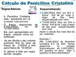 Cálculo de Penicilina Cristalina
• A Penicilina Cristalina
está apresenta em UI
(unidades internacionais)
• O frasco disponíveis de
5.000.000UI ou de
10.000.000UI
• Ela vem apresentada em
frasco ampola como pó
liofilizado
• Ao ser diluída o seu volume
aumenta 2ml no caso de
frasco de 5.000UI e 4ml
para frasco de 10.000UI
• O cálculo é feito por regra
de três simples
Regras Básicas:
⚫ 5.000.000UI diluir em 8ml e
somar 2ml de pó. Logo a
regra de três será
esquematizada com 10ml
⚫ 10.000.000UI diluir em 6ml e
somar 4ml de pó. Logo a regra
de três será esquematizada
com 10ml
Assim o cálculo fica mais fácil de
ser realizado
Exemplo 1 :
PM: 2.000.000UI de Penicilina
Cristalina E.V. de 4/4h. Temos
disponível na unidade
frasco/ampola de 5.000.000UI.
Em quantos ml devo diluir e
quantos ml devo administrar?
Esquematizando:
 