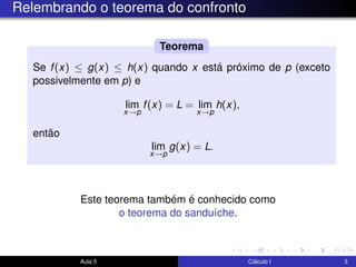 Relembrando o teorema do confronto
Se f(x) ≤ g(x) ≤ h(x) quando x está próximo de p (exceto
possivelmente em p) e
lim
x→p
f(x) = L = lim
x→p
h(x),
então
lim
x→p
g(x) = L.
Teorema
Este teorema também é conhecido como
o teorema do sanduíche.
Aula 5 Cálculo I 3
 