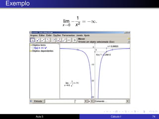 Exemplo
lim
x→0
−
1
x2
= −∞.
Aula 5 Cálculo I 74
 