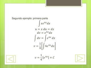 Segundo ejemplo: primera parte
𝑥𝑒4𝑥 𝑑𝑥
𝑢 = 𝑥 𝑑𝑢 = 𝑑𝑥
𝑑𝑣 = 𝑒4𝑥 𝑑𝑥
𝑑𝑣 = 𝑒4𝑥
𝑑𝑥
𝑣 =
1
4
4𝑒4𝑥
𝑑𝑥
𝑣 =
1
4
𝑒4𝑥 + 𝐶
 