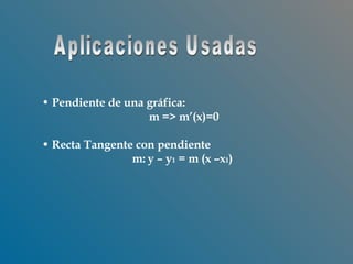Pendiente de una gráfica:  m => m’(x)=0 Recta Tangente con pendiente  m:   y – y 1  = m (x –x 1 )  Aplicaciones Usadas 