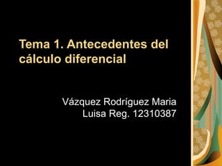 Tema 1. Antecedentes del
cálculo diferencial


      Vázquez Rodríguez Maria
          Luisa Reg. 12310387
 