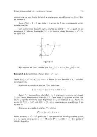 ¶
Esbocando graficos: primeiros passos
    »                                                                                    53


m¶³nimo local, de uma fun»~o deriv¶vel, a reta tangente ao gr¶¯co em (x0 ; f(x0 )) deve
                         ca       a                          a
ser horizontal.
      Como f 00 (x) = 2 > 0 para todo x, o gr¶¯co de f tem a concavidade sempre
                                             a
voltada para cima.
      Com os elementos deduzidos acima, notando que f (3=2) = ¡9=4, e que 0 e 3 s~o
                                                                                 a
as ra¶ de f (solu»~es da equa»~o f (x) = 0), temos o esbo»o da curva y = x2 ¡ 3x
     ³zes         co          ca                           c
na ¯gura 6.10.

                                        y




                                                  3/2

                                    0         1         2   3   x


                                  -1


                                   -2
                                 -9/4




                                            Figura 6.10.

      Aqui levamos em conta tamb¶m que lim f (x) = +1 e lim f (x) = +1.
                                e
                                                    x!+1            x!¡1



Exemplo 6.2 Consideremos a fun»~o f (x) = x3 ¡ 3x2 .
                              ca

Temos f 0 (x) = 3x2 ¡ 6x e f 00 (x) = 6x ¡ 6. Assim, f e suas derivadas f 0 e f 00 s~o todas
                                                                                    a
    ³nuas em R.
cont¶
      Analisando a varia»~o de sinal de f 0 (x), deduzimos:
                        ca

                       f 0 (x) = 3x(x ¡ 2) > 0 , x < 0 ou x > 2

      Assim, f (x) ¶ crescente no intervalo ]¡ 1; 0] e tamb¶m ¶ crescente no intervalo
                   e                                          e e
[2; +1[, sendo decrescente no intervalo [0; 2]. Desse modo 0 ¶ ponto de m¶ximo local
                                                                 e           a
                                                                        0
de f e 2 ¶ ponto de m¶
          e             ³nimo local. Repare que 0 e 2 s~o ra¶ de f (x). Assim, nos
                                                          a    ³zes
pontos (0; f (0)) = (0; 0) e (2; f (2)) = (2; ¡4) as retas tangentes ao gr¶¯co de f s~o
                                                                          a          a
horizontais.
      Analisando a varia»~o de sinal de f 00 (x), temos
                        ca

                              f 00 (x) = 6x ¡ 6 > 0 , x > 1

Assim, a curva y = x3 ¡ 3x2 , gr¶¯co de f , tem concavidade voltada para cima quando
                                a
x > 1, e para baixo quando x < 1. O ponto P = (1; f(1)) = (1; ¡2) ¶ ponto de
                                                                           e
in°ex~o do gr¶¯co.
     a       a
 