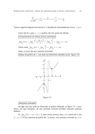 Esbocando graficos: zeros no denominador e retas ass¶
    »       ¶                                       ³ntotas                           61


                        y''           _             1             +

                      y = y(x)                                            x



Temos o seguinte diagrama de sinais de y 00 e dire»oes de concavidades da curva y = y(x):
                                                  c~

     Como n~o h¶ y para x = 1, o gr¶¯co n~o tem ponto de in°ex~o.
           a a                     a     a                    a
      Comportamento no in¯nito (outras ass¶
                                          ³ntotas)
                         x2 ¡ 2x + 2       x2
       lim y(x) = lim                = lim    = lim x = +1
     x!+1           x!+1    x¡1       x!+1 x   x!+1

                                      x2
     Temos ainda lim y(x) = lim          = lim x = ¡1
                  x!¡1         x!¡1 x       x!¡1

     Assim, a curva n~o tem ass¶
                     a         ³ntota horizontal.
      Esbo»o do gr¶¯co de f , com base nos elementos coletados acima: ¯gura 7.2
          c       a

                                                y
                                           4

                                           3


                                           2

                                           1

                                                0       1     2   3   x
                                 -4   -2

                                           -1           x=1

                                           -2


                                           -3




                                           Figura 7.2.


      Ass¶
         ³ntotas inclinadas!
      H¶ algo mais que pode ser destacado no gr¶¯co esbo»ado na ¯gura 7.2: a exis-
        a                                       a         c
t^ncia, at¶ aqui insuspeita, de uma ass¶
 e        e                            ³ntota inclinada (tamb¶m chamada ass¶
                                                             e              ³ntota
obl¶
   ³qua).
     Se lim [f (x) ¡ (ax + b)] = 0, para certos n¶meros reais a e b, temos que a reta
                                                 u
         x!+1
y = ax + b ¶ uma ass¶
           e        ³ntota do gr¶¯co de f µ direita, uma ass¶
                                a         a                 ³ntota inclinada se a 60.
                                                                                  =
 