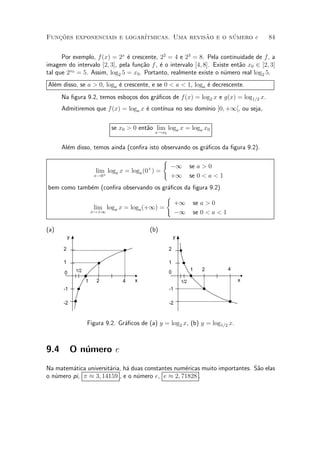 Funcoes exponenciais e logar¶
   »~                                         ~       ¶
                            ³tmicas. Uma revisao e o numero e                                84


      Por exemplo, f (x) = 2x ¶ crescente, 22 = 4 e 23 = 8. Pela continuidade de f, a
                               e
imagem do intervalo [2; 3], pela fun»~o f , ¶ o intervalo [4; 8]. Existe ent~o x0 2 [2; 3]
                                    ca      e                               a
         x0
tal que 2 = 5. Assim, log2 5 = x0 . Portanto, realmente existe o n¶mero real log2 5.
                                                                      u
Al¶m disso, se a > 0, loga ¶ crescente, e se 0 < a < 1, loga ¶ decrescente.
  e                        e                                 e
      Na ¯gura 9.2, temos esbo»os dos gr¶¯cos de f(x) = log2 x e g(x) = log1=2 x.
                              c         a
      Admitiremos que f (x) = loga x ¶ cont¶
                                     e     ³nua no seu dom¶ ]0; +1[, ou seja,
                                                          ³nio

                               se x0 > 0 ent~o lim loga x = loga x0
                                            a
                                                x!x0


      Al¶m disso, temos ainda (con¯ra isto observando os gr¶¯cos da ¯gura 9.2).
        e                                                  a
                                                    (
                                            +           ¡1            se a > 0
                         lim loga x = loga (0 ) =
                         x!0+
                                                        +1            se 0 < a < 1
bem como tamb¶m (con¯ra observando os gr¶¯cos da ¯gura 9.2)
             e                          a
                                       (
                                          +1 se a > 0
              lim loga x = loga (+1) =
             x!+1                         ¡1 se 0 < a < 1

(a)                                          (b)
          y                                                 y

      2                                                 2

      1                                                 1
               1/2                                                    1   2          4
       0                                                0
                     1   2         4   x                        1/2                      x
      -1                                                -1

      -2                                                -2


                     Figura 9.2. Gr¶¯cos de (a) y = log2 x, (b) y = log1=2 x.
                                   a



9.4           O n¶mero e
                 u
Na matem¶tica universit¶ria, h¶ duas constantes num¶ricas muito importantes. S~o elas
         a             a      a                    e                          a
o n¶mero pi, ¼ ¼ 3; 14159 , e o n¶mero e, e ¼ 2; 71828 .
   u                              u
 