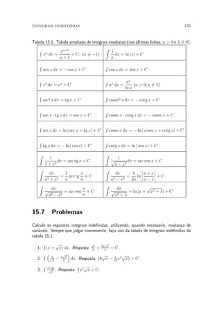Integrais indefinidas                                                                       135


Tabela 15.1. Tabela ampliada de integrais imediatas (nas ultimas linhas, a > 0 e ¸ 60).
                                                         ¶                         =
                                        Z
   R ®         x®+1                        1
     x dx =          + C, (® 6¡1)
                             =               dx = ln jxj + C
              ®+1                          x
   R                                        R
       sen x dx = ¡ cos x + C                   cos x dx = sen x + C

   R                                        R              ax
       ex dx = ex + C                           ax dx =        (a > 0; a 61)
                                                                         =
                                                          ln a
   R                                        R
       sec2 x dx = tg x + C                     cosec2 x dx = ¡ cotg x + C

   R                                        R
       sec x ¢ tg x dx = sec x + C              cosec x ¢ cotg x dx = ¡ cosec x + C

   R                                        R
       sec x dx = ln j sec x + tg xj + C        cosec x dx = ¡ ln j cosec x + cotg xj + C

   R                                        R
       tg x dx = ¡ ln j cos xj + C              cotg x dx = ln j sen xj + C

   Z                                        Z
          1                                       1
               dx = arc tg x + C              p        dx = arc sen x + C
        1 + x2                                  1 ¡ x2
   Z                                        Z                  ¯      ¯
           dx    1      x                        dx       1 ¯a + x¯
                = arc tg + C                          =     ln ¯      ¯ + C.
        a2 + x2  a      a                     a2 ¡ x2    2a ¯ a ¡ x ¯
   Z                                        Z                    p
           dx              x                     dx
        p         = arc sen + C               p         = ln jx + x2 + ¸j + C
         a 2 ¡ x2          a                    x2 + ¸


15.7          Problemas
Calcule as seguintes integrais inde¯nidas, utilizando, quando necess¶rio, mudan»a de
                                                                     a            c
vari¶veis. Sempre que julgar conveniente, fa»a uso da tabela de integrais inde¯nidas da
    a                                       c
tabela 15.1.
       R        p                       p
                 x) dx. Resposta. x + 2x3 x + C.
                                   2
  1.    (x +                      2
       R³    3
                   p ´               ¡ p      1  p ¢
  2.        p ¡
              x
                  x x
                   4
                       dx. Resposta. 6 x ¡ 10 x2 x + C.
       R    2                     p
  3.       xpdx
              x
                .   Resposta. 2 x2 x + C.
                              5
 