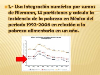  1.-Usa integración numérica por sumas
  de Riemann, 14 particiones y calcula la
  incidencia de la pobreza en México del
  periodo 1992-2006 en relación a la
  pobreza alimentaria en un año.
 