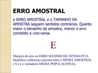 ERRO AMOSTRAL o ERRO AMOSTRAL e o TAMANHO DA AMOSTRA seguem sentidos contrários. Quanto maior o tamanho da amostra, menor o erro cometido e vice-versa. E Margem de erro ou ERRO MÁXIMO DE ESTIMATIVA. Identifica a diferença máxima entre a MÉDIA AMOSTRAL ( X ) e a verdadeira MÉDIA POPULACIONAL. 