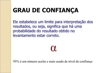 GRAU DE CONFIANÇA Ele estabelece um limite para interpretação dos resultados, ou seja, significa que há uma probabilidade do resultado obtido no levantamento estar correto.   α 95% é um número aceito e mais usado de nível de confiança 