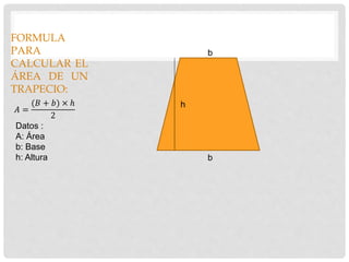 FORMULA
PARA
CALCULAR EL
ÁREA DE UN
TRAPECIO:
𝐴 =
(𝐵 + 𝑏) × ℎ
2
Datos :
A: Área
b: Base
h: Altura b
b
h
 