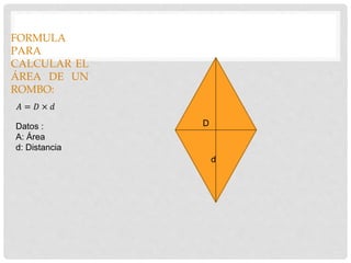 FORMULA
PARA
CALCULAR EL
ÁREA DE UN
ROMBO:
𝐴 = 𝐷 × 𝑑
Datos :
A: Área
d: Distancia
d
D
 