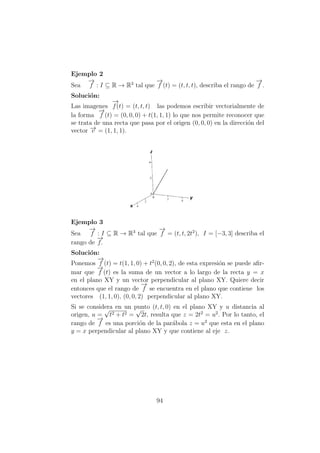 Ejemplo 2
Sea
−→
f : I ⊆ R → R3
tal que
−→
f (t) = (t, t, t), describa el rango de
−→
f .
Soluci´on:
Las imagenes
−→
f(t) = (t, t, t) las podemos escribir vectorialmente de
la forma
−→
f (t) = (0, 0, 0) + t(1, 1, 1) lo que nos permite reconocer que
se trata de una recta que pasa por el origen (0, 0, 0) en la direcci´on del
vector −→v = (1, 1, 1).
Ejemplo 3
Sea
−→
f : I ⊆ R → R3
tal que
−→
f = (t, t, 2t2
), I = [−3, 3] describa el
rango de
−→
f.
Soluci´on:
Ponemos
−→
f (t) = t(1, 1, 0) + t2
(0, 0, 2), de esta expresi´on se puede aﬁr-
mar que
−→
f (t) es la suma de un vector a lo largo de la recta y = x
en el plano XY y un vector perpendicular al plano XY. Quiere decir
entonces que el rango de
−→
f se encuentra en el plano que contiene los
vectores (1, 1, 0), (0, 0, 2) perpendicular al plano XY.
Si se considera en un punto (t, t, 0) en el plano XY y u distancia al
origen, u =
√
t2 + t2 =
√
2t, resulta que z = 2t2
= u2
. Por lo tanto, el
rango de
−→
f es una porci´on de la par´abola z = u2
que esta en el plano
y = x perpendicular al plano XY y que contiene al eje z.
94
 