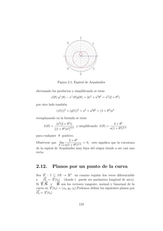 Figura 2.1: Espiral de Arqu´ımides
efectuando los productos y simpliﬁcando se tiene
x´(θ) y”(θ) − x”(θ)y´(θ) = 2a2
+ a2
θ2
= a2
(2 + θ2
)
por otro lado tambi´en
(x´(t))2
+ (y´(t))2
= a2
+ a2
θ2
= (1 + θ2
)a2
reemplazando en la formula se tiene
k(θ) =
|a2
(2 + θ2
)|
[(1 + θ2)a2]3/2
y simpliﬁcando k(θ) =
2 + θ2
a(1 + θ2)3/2
para cualquier θ positivo.
Obs´ervese que l´ım
θ→∞
2 + θ2
a(1 + θ2)3/2
= 0, esto signiﬁca que la curvatura
de la espiral de Arqu´ımides muy lejos del origen tiende a ser casi una
recta.
2.12. Planos por un punto de la curva
Sea −→c : I ⊆ IR → R3
un camino regular dos veces diferenciable
y
−→
P0 = −→c (t0) (donde t puede ser par´ametro longitud de arco).
Si
−→
T,
−→
N y
−→
B son los vectores tangente, normal y binormal de la
curva en −→c (t0) = (x0, y0, z0).Podemos deﬁnir los siguientes planos por
−→
P0 = −→c (t0)
123
 