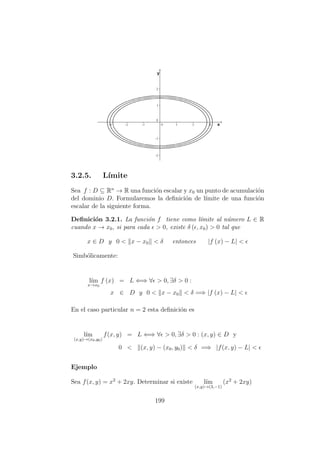 3.2.5. L´ımite
Sea f : D ⊆ Rn
→ R una funci´on escalar y x0 un punto de acumulaci´on
del dominio D. Formularemos la deﬁnici´on de l´ımite de una funci´on
escalar de la siguiente forma.
Deﬁnici´on 3.2.1. La funci´on f tiene como l´ımite al n´umero L ∈ R
cuando x → x0, si para cada > 0, existe δ ( , x0) > 0 tal que
x ∈ D y 0 < x − x0 < δ entonces |f (x) − L| <
Simb´olicamente:
l´ım
x→x0
f (x) = L ⇐⇒ ∀ > 0, ∃δ > 0 :
x ∈ D y 0 < x − x0 < δ =⇒ |f (x) − L| <
En el caso particular n = 2 esta deﬁnici´on es
l´ım
(x,y)→(x0,y0)
f(x, y) = L ⇐⇒ ∀ > 0, ∃δ > 0 : (x, y) ∈ D y
0 < (x, y) − (x0, y0) < δ =⇒ |f(x, y) − L| <
Ejemplo
Sea f(x, y) = x2
+ 2xy. Determinar si existe l´ım
(x,y)→(3,−1)
(x2
+ 2xy)
199
 
