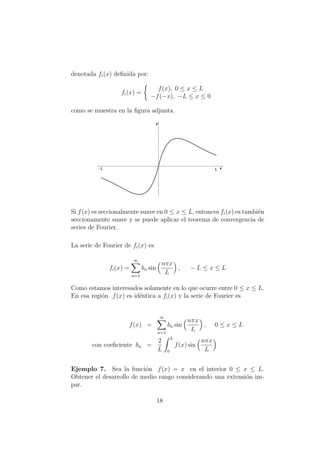 denotada fi(x) deﬁnida por:
fi(x) =
f(x), 0 ≤ x ≤ L
−f(−x), −L ≤ x ≤ 0
como se muestra en la ﬁgura adjunta.
Si f(x) es seccionalmente suave en 0 ≤ x ≤ L, entonces fi(x) es tambi´en
seccionamente suave y se puede aplicar el teorema de convergencia de
series de Fourier.
La serie de Fourier de fi(x) es
fi(x) =
∞
n=1
bn sin
nπx
L
, − L ≤ x ≤ L
Como estamos interesados solamente en lo que ocurre entre 0 ≤ x ≤ L.
En esa regi´on f(x) es id´entica a fi(x) y la serie de Fourier es
f(x) =
∞
n=1
bn sin
nπx
L
, 0 ≤ x ≤ L
con coeﬁciente bn =
2
L
L
0
f(x) sin
nπx
L
Ejemplo 7. Sea la funci´on f(x) = x en el interior 0 ≤ x ≤ L.
Obtener el desarrollo de medio rango considerando una extensi´on im-
par.
18
 