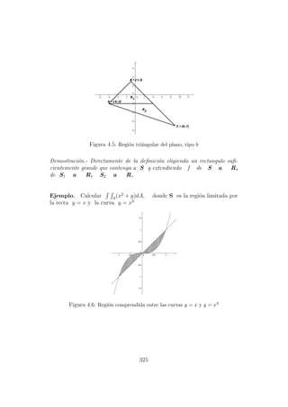 Figura 4.5: Regi´on tri´angular del plano, tipo b
Demostraci´on.- Directamente de la deﬁnici´on eligiendo un rectangulo suﬁ-
cientemente grande que contenga a S y extendiendo f de S a R,
de S1 a R, S2 a R.
Ejemplo. Calcular S
(x2
+ y)dA, donde S es la regi´on limitada por
la recta y = x y la curva y = x3
Figura 4.6: Regi´on comprendida entre las curvas y = x y y = x3
325
 