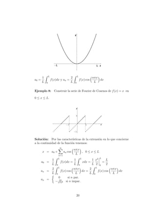 a0 =
1
L
L
0
f(x)dx y an =
2
L
L
0
f(x) cos
nπx
L
dx
Ejemplo 8: Construir la serie de Fourier de Cosenos de f(x) = x en
0 ≤ x ≤ L.
Soluci´on: Por las caracter´ısticas de la extensi´on en lo que concierne
a la continuidad de la funci´on tenemos:
x = a0 +
∞
n=1
an cos
nπx
L
, 0 ≤ x ≤ L
a0 =
1
L
L
0
f(x)dx =
1
L
L
0
xdx =
1
L
x2
2
L
0
=
L
2
an =
2
L
L
0
f(x) cos
nπx
L
dx =
2
L
L
0
f(x) cos
nπx
L
dx
an =
0 si n par.
− 4L
n2π2 si n impar.
20
 