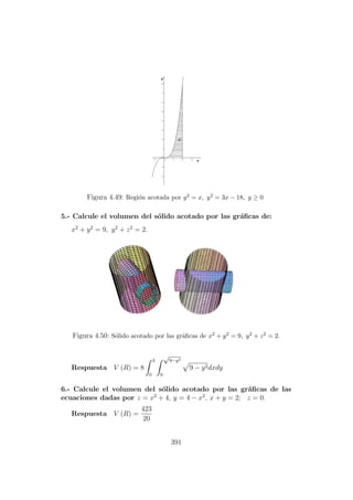 Figura 4.49: Regi´on acotada por y2 = x, y2 = 3x − 18, y ≥ 0
5.- Calcule el volumen del s´olido acotado por las gr´aﬁcas de:
x2
+ y2
= 9, y2
+ z2
= 2.
Figura 4.50: S´olido acotado por las gr´aﬁcas de x2 + y2 = 9, y2 + z2 = 2.
Respuesta V (R) = 8
3
0
√
9−y2
0
9 − y2dxdy
6.- Calcule el volumen del s´olido acotado por las gr´aﬁcas de las
ecuaciones dadas por z = x2
+ 4, y = 4 − x2
, x + y = 2; z = 0.
Respuesta V (R) =
423
20
391
 