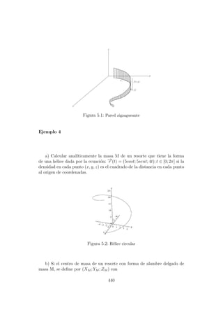 Figura 5.1: Pared zigzagueante
Ejemplo 4
a) Calcular anal´ıticamente la masa M de un resorte que tiene la forma
de una h´elice dada por la ecuaci´on: −→r (t) = (5cost; 5sent; 4t); t ∈ [0; 2π] si la
densidad en cada punto (x, y, z) es el cuadrado de la distancia en cada punto
al origen de coordenadas.
Figura 5.2: H´elice circular
b) Si el centro de masa de un resorte con forma de alambre delgado de
masa M, se deﬁne por (XM ; YM ; ZM ) con
440
 