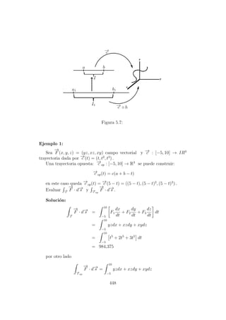 Figura 5.7:
Ejemplo 1:
Sea
−→
F (x, y, z) = (yz, xz, xy) campo vectorial y −→c : [−5, 10] → IR3
trayectoria dada por −→c (t) = (t, t2
, t3
) .
Una trayectoria opuesta: −→c op : [−5, 10] → R3
se puede construir:
−→c op(t) = c(a + b − t)
en este caso queda −→c op(t) = −→c (5 − t) = ((5 − t), (5 − t)2
, (5 − t)3
) .
Evaluar −→c
−→
F · d−→s y −→c op
−→
F · d−→s .
Soluci´on:
−→c
−→
F · d−→s =
10
−5
F1
dx
dt
+ F2
dy
dt
+ F3
dz
dt
dt
=
10
−5
yzdx + xzdy + xydz
=
10
−5
t5
+ 2t5
+ 3t5
dt
= 984,375
por otro lado
−→c op
−→
F · d−→s =
10
−5
yzdx + xzdy + xydz
448
 