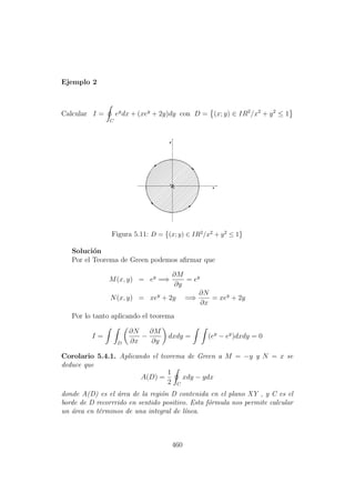 Ejemplo 2
Calcular I =
C
ey
dx + (xey
+ 2y)dy con D = (x; y) ∈ IR2
/x2
+ y2
≤ 1
Figura 5.11: D = (x; y) ∈ IR2/x2 + y2 ≤ 1
Soluci´on
Por el Teorema de Green podemos aﬁrmar que
M(x, y) = ey
=⇒
∂M
∂y
= ey
N(x, y) = xey
+ 2y =⇒
∂N
∂x
= xey
+ 2y
Por lo tanto aplicando el teorema
I =
D
∂N
∂x
−
∂M
∂y
dxdy = (ey
− ey
)dxdy = 0
Corolario 5.4.1. Aplicando el teorema de Green a M = −y y N = x se
deduce que
A(D) =
1
2 C
xdy − ydx
donde A(D) es el ´area de la regi´on D contenida en el plano XY , y C es el
borde de D recorrrido en sentido positivo. Esta f´ormula nos permite calcular
un ´area en t´erminos de una integral de l´ınea.
460
 